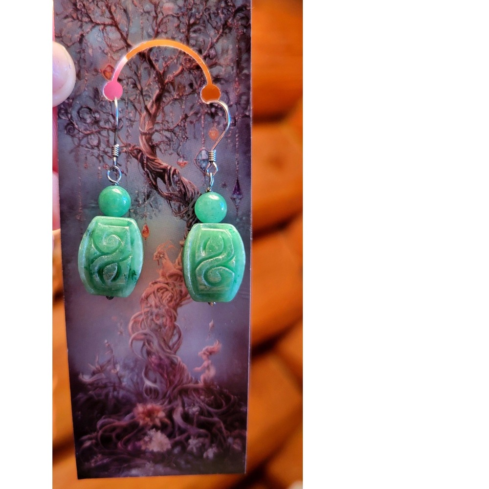 Carved Green Jade Infinity Symbol Earrings Dangle Hook Asian Inspired